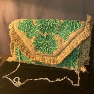 Burlap and green stitching and bead work shoulder bag